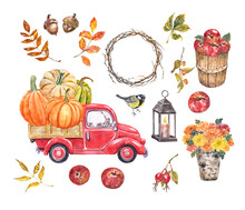 Big Fall Symbols Set. Watercolor Pumpkin Harvest Truck, Fall Decorations, Apples In A Wood Basket, Autumn Plants And Leaves, Bird, Wreath, Isolated On White Background. Thanksgiving Illustration