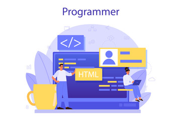 Programming concept. Idea of working on the computer, coding, testing