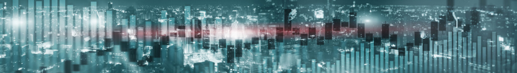 Wall Mural - Candlestick chart with downtown Hong Kong cityscape skyscrapers. Panoramic Website Banner.