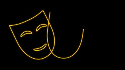Wall Mural - Self drawing animation of drama, comedy and tragedy golden masks outlines. Line art on black background. Theatre symbol. Copy space.