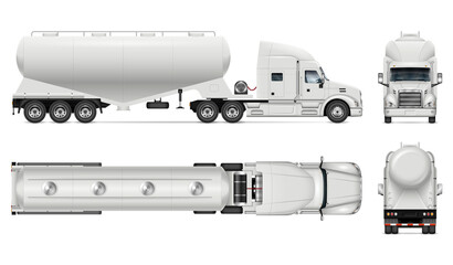 Wall Mural - Dry bulk tanker trailer truck vector mockup on white for vehicle branding, corporate identity. View from side, front, back, top. All elements in groups on separate layers for easy editing and recolor