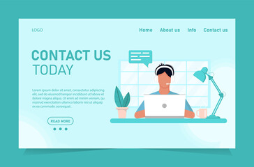 Concept template for web site and banner chat customer service support. The guy the operator behind the laptop works from the home office, online training. Flat style, design graphics.