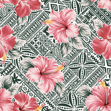 Pink Hibiscus Flower With Hawaiian Tribal Motifs Background Abstract Vector Seamless Pattern 