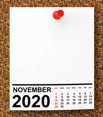 Aufkleber - Calendar November 2020 on Blank Note Paper. 3d Rendering