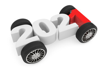 Poster - 2021 Year Concept with Car Wheels. 3d Rendering