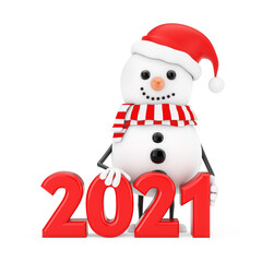 Aufkleber - Snowman in Santa Claus Hat Character Mascot with New Year 2021 Sign. 3d Rendering