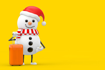Aufkleber - Snowman in Santa Claus Hat Character Mascot with Orange Travel Suitcase. 3d Rendering