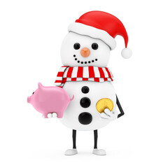 Poster - Snowman in Santa Claus Hat Character Mascot with Piggy Bank and Golden Dollar Coin. 3d Rendering