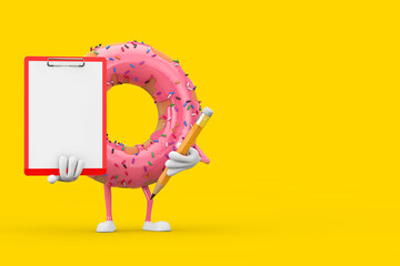 Poster - Big Strawberry Pink Glazed Donut Character Mascot with Red Plastic Clipboard, Paper and Pencil. 3d Rendering