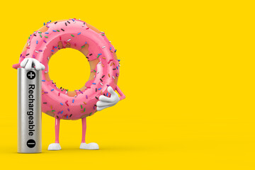 Poster - Big Strawberry Pink Glazed Donut Character Mascot with Rechargeable Battery. 3d Rendering