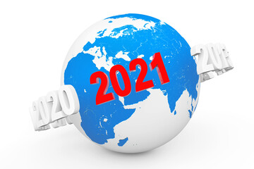 Poster - New Year Concept. 3d number 2021 around Earth Globe. 3d Rendering