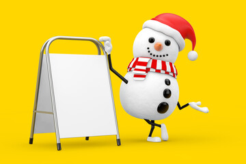Aufkleber - Snowman in Santa Claus Hat Character Mascot with White Blank Advertising Promotion Stand. 3d Rendering