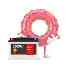 Poster - Big Strawberry Pink Glazed Donut Character Mascot and Rechargeable Car Battery 12V Accumulator with Abstract Label. 3d Rendering