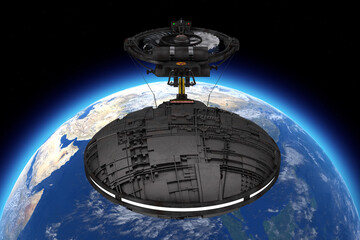 Poster - Spaceship, Space Station or Alien UFO Spacecraft in Flight Orbiting Earth. Elements of this image furnished by NASA. 3d Rendering