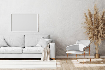 Wall Mural - blank white horizontal frame mock up in light coloured minimalistic living room interior with white 