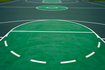 Close up of a basketball court.