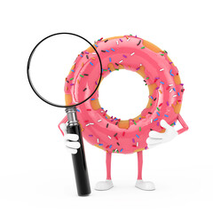 Sticker - Big Strawberry Pink Glazed Donut Character Mascot with Magnifying Glass. 3d Rendering