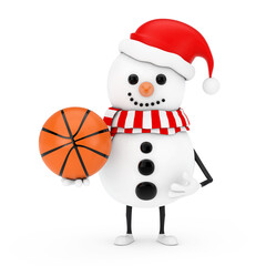 Aufkleber - Snowman in Santa Claus Hat  Character Mascot with Basketball Ball. 3d Rendering
