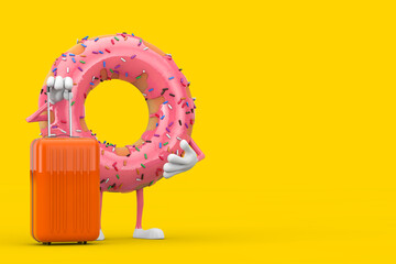 Aufkleber - Big Strawberry Pink Glazed Donut Character Mascot with Orange Travel Suitcase. 3d Rendering
