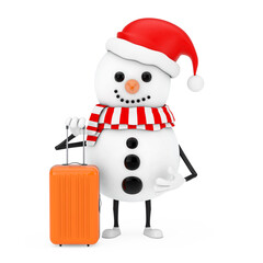 Aufkleber - Snowman in Santa Claus Hat Character Mascot with Orange Travel Suitcase. 3d Rendering