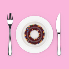 Poster - Fork and Knife near Plate with Big Chocolate Glazed Donut with Color Sprinkles, Top View. 3d Rendering