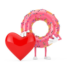Poster - Big Strawberry Pink Glazed Donut Character Mascot with Red Heart. 3d Rendering