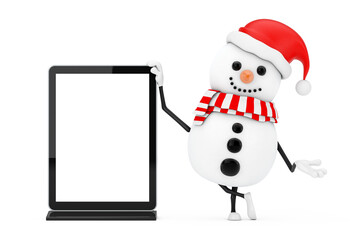 Aufkleber - Snowman in Santa Claus Hat Character Mascot with Blank Trade Show LCD Screen Stand as Template for Your Design. 3d Rendering