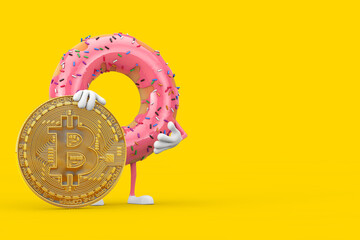 Aufkleber - Big Strawberry Pink Glazed Donut Character Mascot with Digital and Cryptocurrency Golden Bitcoin Coin. 3d Rendering