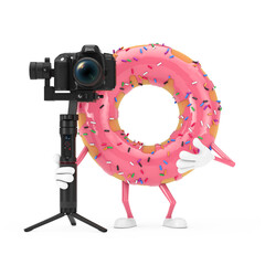Leinwandbilder - Big Strawberry Pink Glazed Donut Character Mascot with DSLR or Video Camera Gimbal Stabilization Tripod System. 3d Rendering