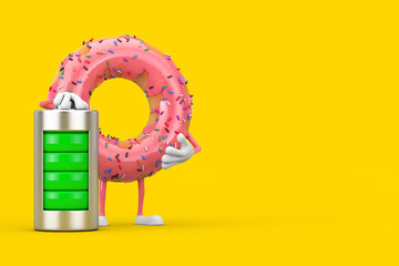 Poster - Big Strawberry Pink Glazed Donut Character Mascot with Abstract Charging Battery. 3d Rendering