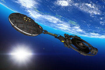 Poster - Spaceship, Space Station or Alien UFO Spacecraft in Flight Orbiting Earth. Elements of this image furnished by NASA. 3d Rendering