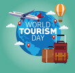 © Jemastock - world tourism day lettering celebration with earth planet and set icons