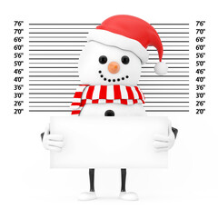 Aufkleber - Snowman in Santa Claus Hat Character Mascot with Identification Plate in front of Police Lineup or Mugshot Background extreme closeup. 3d Rendering