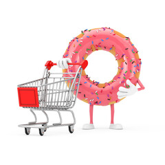 Poster - Big Strawberry Pink Glazed Donut Character Mascot with Shopping Cart Trolley. 3d Rendering