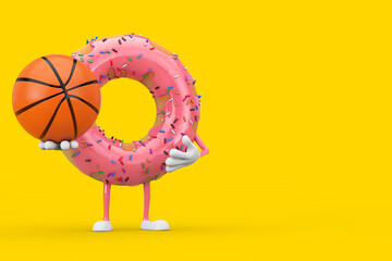 Poster - Big Strawberry Pink Glazed Donut Character Mascot with Basketball Ball. 3d Rendering