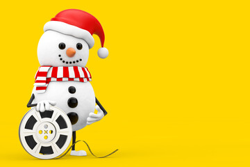 Poster - Snowman in Santa Claus Hat Character Mascot with Film Reel Cinema Tape. 3d Rendering