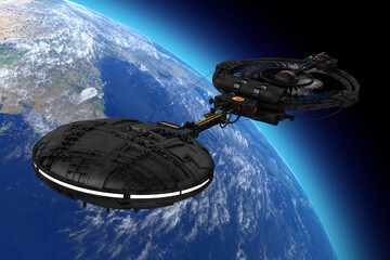 Poster - Spaceship, Space Station or Alien UFO Spacecraft in Flight Orbiting Earth. Elements of this image furnished by NASA. 3d Rendering
