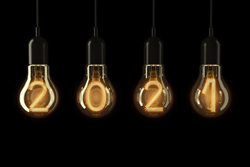 Poster - Light Bulbs Illuminated 2021 New Year. 3d Rendering