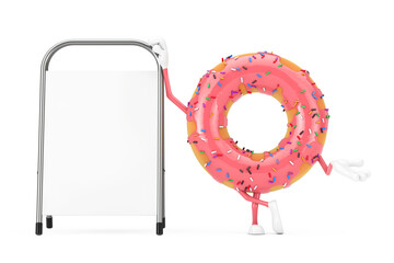 Poster - Big Strawberry Pink Glazed Donut Character Mascot with White Blank Advertising Promotion Stand. 3d Rendering