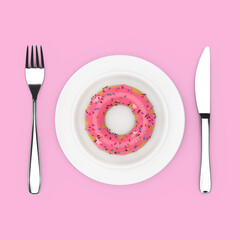 Poster - Fork and Knife near Plate with Big Strawberry Pink Glazed Donut, Top View. 3d Rendering