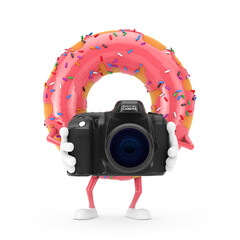 Poster - Big Strawberry Pink Glazed Donut Character Mascot with Modern Digital Photo Camera. 3d Rendering