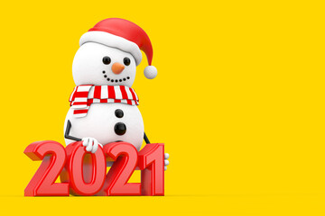 Poster - Snowman in Santa Claus Hat Character Mascot with New Year 2021 Sign. 3d Rendering