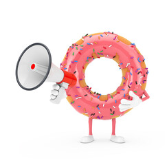 Poster - Big Strawberry Pink Glazed Donut Character Mascot with Red Retro Megaphone. 3d Rendering