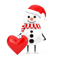 Poster - Snowman in Santa Claus Hat Character Mascot with Red Heart. 3d Rendering