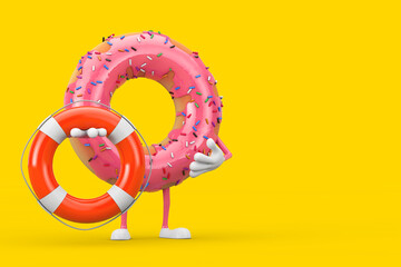 Poster - Big Strawberry Pink Glazed Donut Character Mascot with Life Buoy. 3d Rendering