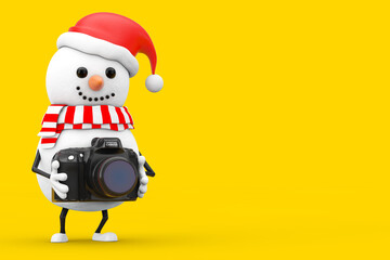 Poster - Snowman in Santa Claus Hat Character Mascot with Modern Digital Photo Camera. 3d Rendering