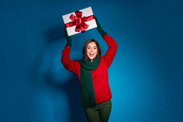 Canvas Print - Portrait of her she attractive pretty cheerful cheery girl holding in hands white giftbox congratulate celebrate festal good mood sale newyear isolated bright vivid shine vibrant blue color background