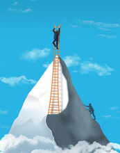 A Man Climbs To A  Mountain Peak In This 3-D Image Then Goes Even Higher Using A Ladder. Illustrates Over Achievers Who Exceed Expectations.