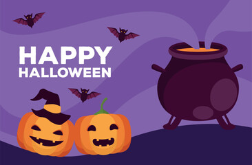 Wall Mural - happy halloween celebration card with cauldron and pumpkins