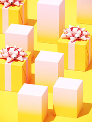 Wall Mural - Minimal product background for Christmas, New year and sale event concept. Yellow gift box with pink ribbon bow on yellow background. 3d render illustration. Clipping path of each element included.